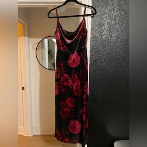 VINTAGE 90s 2000s y2k Taylor Black Maxi Velvet Slip Dress Red Pink Floral Print